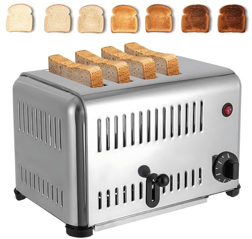 Commercial 4-Slices Toaster, 2240W Stainless Steel Wide Slot Toaster with 5 Browning Levels, Auto Stop & Timer, Removable Crumb Tray for Restaurants, Bakeries, Home Use