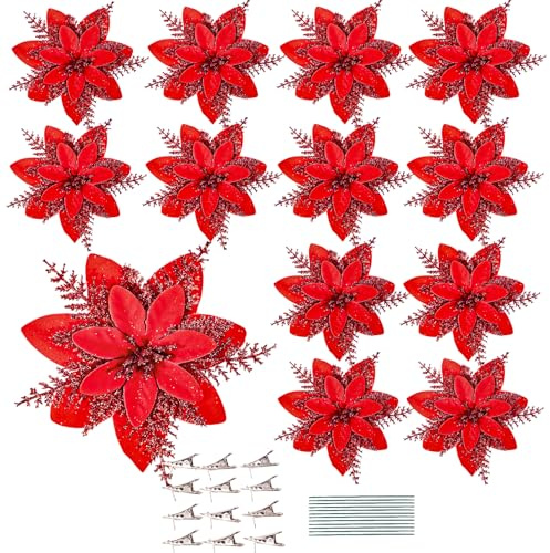 Leixi 16pcs Christmas Poinsettia Artificial Flowers 5.5 Glitter Poinsettias Flower with Stems & Clips for Wreath Xmas Tree New Year Party Ornament Wedding (Red)