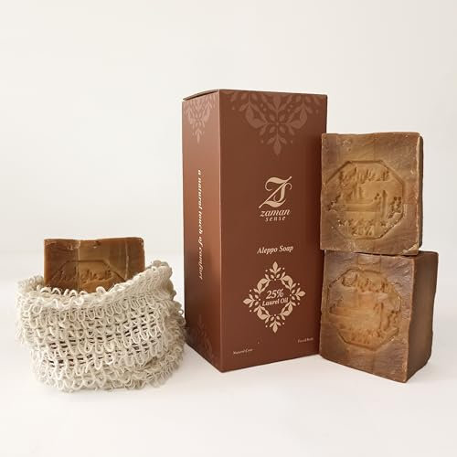 Zaman Sense Original Aleppo Seife 3er-Set – 25 % Lorbeeröl, je 200g + Seifensäckchen – Premium-Qualität, handgefertigt & vegan – Naturseife aus Olivenöl – für Gesicht, Körper & empfindliche Haut