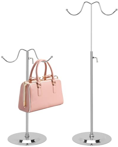 aleawol 2 Pack Purse and Handbag Display Stand, Adjustable Height 40-72 cm | Metal Double Hook Rack Set, Tabletop Metal Shopping Bag Holder, for Home, Counter, Store and Boutique Display, Silver