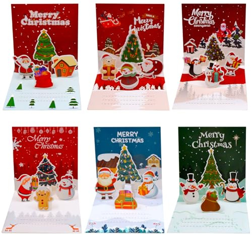 6 Stück Weihnachtskarten mit Umschlag Set, 3D Pop-Up-Karte mit Weihnachtsbaum Weihnachtsmann Weihnachts Dekoration Weihnachtskarte für Freunde und Familie