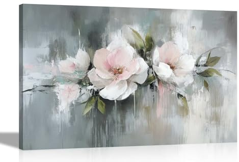 Artley Prints - Abstract Pink and White Flowers Grey Background Canvas Wall Art Pictures For Living Room, Bedroom, Hallway Prints Extra Large 101 x 76cm (40 x 30 inches)