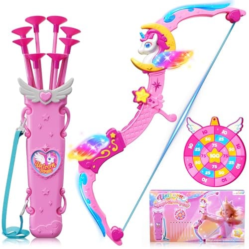 Jouet Licorne Fille 3-12 Ans, ArcFlèche Licorne avec 6 Lumineuses Magiques (Corne Ailes Étoiles Bras), Carquois de Rêve & Cible Princesse, 8 Flèches Roses à Ventouse, Cadeau Fille 3 4 5 6 7 8 9 10 Ans