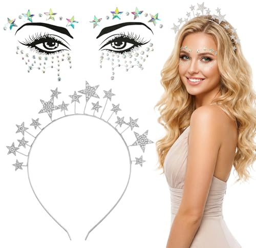iewrtcin Sterne Haarreif Silber Stern Stirnband mit Glitzer Gesichtstattoo | Haarreif Sterne Glitzer Damen Stern Strass Haarhoop Stirnband Karneval Glitzer Haarschmuck für Karneval Kostümparty Geburtst