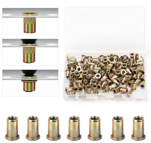 105 Pzs Tuercas Remachables M4 Galvanizadas, Cabeza Plana | Tuercas ciegas M4 con rosca interna, ideales para láminas, placas metálicas, tubos y electrodomésticos, fuertes y duraderas.