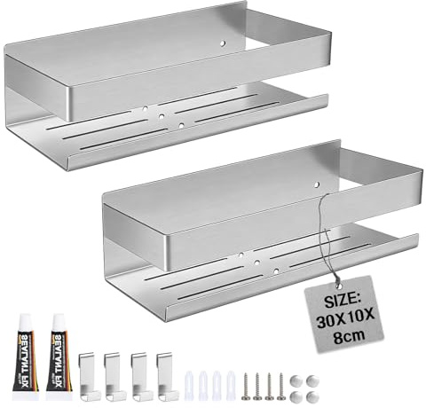 EXLECO 2 X Duschablage Ohne Bohren Duschregal Wand Edelstahl Badregal 30CM | Duschkorb mit 4 Haken zum Bohren Bad Organizer Regal Badezimmer Aufbewahrung Wandregal für Shampoo Duschgel 7,5cm Hoch Silber