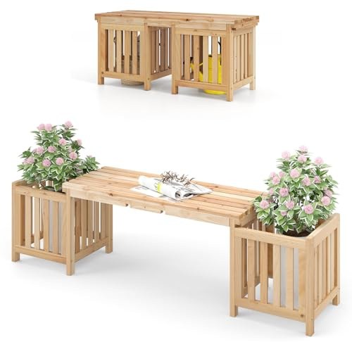 HOMASIS 2 in 1 Blumenkasten mit Gartenbank, 2-Sitzer Sitzbank mit 2 Pflanzkästen, 2 Pflanzkübel mit Bank aus Massivholz, Outdoor Holzbank Gartenmöbel für Garten Hof Terrasse (Natur, 173x40x48 cm)
