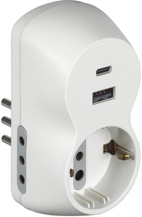 BTICINO Adattatore Advance B3, con Presa Schuko Standard Tedesco, USB A+C, 2 Prese 10A, Spina Piccola 10A, Presa Multipla, Potenza Fino a 1500W, Multi Adattatore Versatile, Colore Bianco, S3613DAC