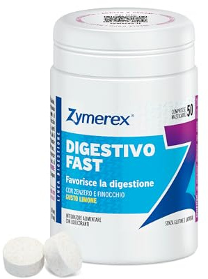 Zymerex DIGESTIVO FAST - 50 compresse masticabili - Gusto limone | Digestivo Con Finocchio e Zenzero, Contrasta la nausea, Assumere dopo i pasti, Senza glutine e lattosio, Adatto a vegani
