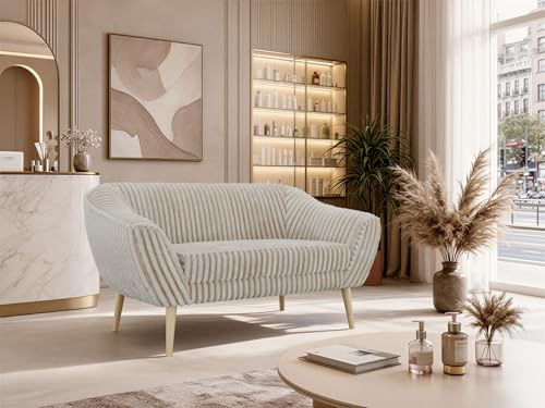 MKS MEBLE Sofa PIRS 2-Sitzer - Skandinavisches Design Couch, Gesteppte Polsterung, Wellenfederung, bequemes Polstersofa für Wohnzimmer - Buche Beine, Beige Cord