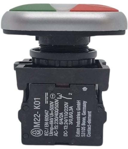 Pulsador doble + indicador luminoso; 22 mm ; Resaltados; Verde I; Blanco; Rojo 0; Anillo Negro; 1 NO + LED 85-264 V AC + 1 NC