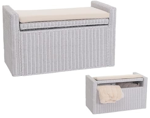 Mendler Sitzbank M92 Garderobenbank Bank Sitzhocker, mit Stauraum Kissen Kubu Rattan 88cm - weiß