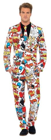 Smiffys, Herren Comic Strip Anzug Kostüm, Jacke, Hose und Krawatte, Mehrfarbig (Red & White) ,Größe: L, 43526