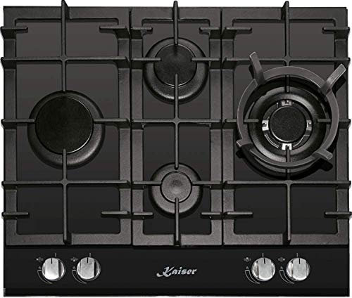 Kaiser Exklusives Gaskochfeld 60cm KCG 6394 Turbo Romb | Schwarzes Glaskeramik-Einbaukochfeld | 4 Hochwertige Brenner | 3,8 kW Turbo-Wok-Brenner | Rahmen Inox mit Anti Touch Effekt | ErdgasPropangas