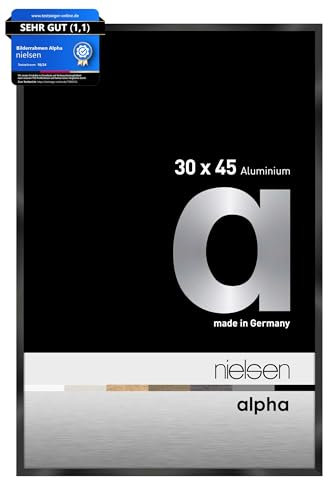 nielsen Bilderrahmen, 30 x 45 cm, Aluminium, Schwarz glanz, Fotorahmen zum Aufhängen im Hoch- & Querformat, Echtglas, Alpha