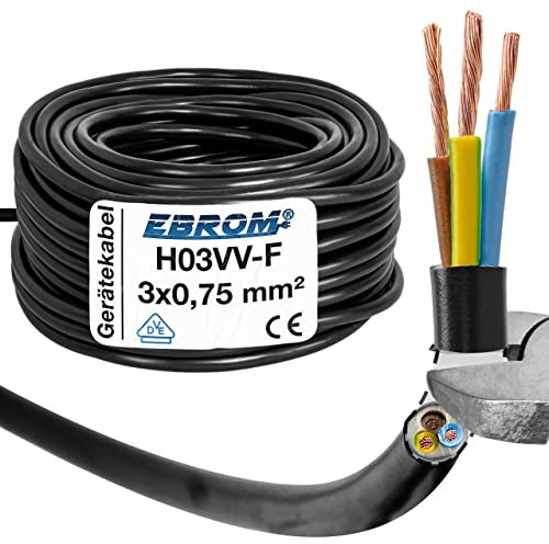 EBROM Tuyau rond en plastique H03VV-F 3 x 0,75 mm² - Couleur : noir - Plusieurs longueurs par incréments de 5 mètres jusqu'à 200 mètres - 3G0,75 mm² - Longueur du câble : 10 m