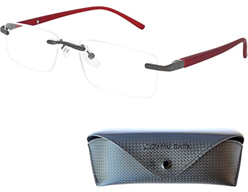 Mini Brille Randlose Lesebrille mit rechteckigen Gläsern - mit Gratis Etui, Edelstahl Rahmen (Rot), Lesehilfe Herren und Damen +1.5 Dioptrien