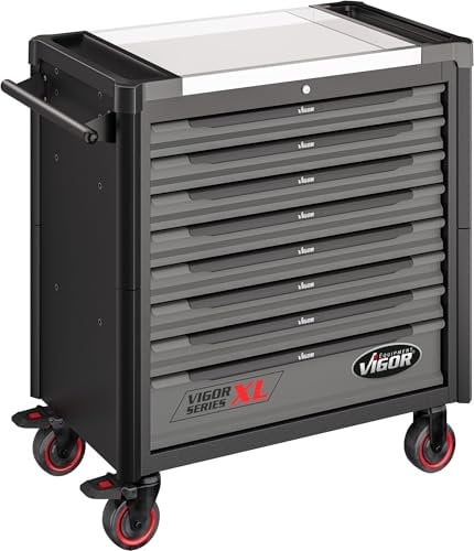 ViGOR Werkstattwagen Series XL, leer V4481-X, 8 Schubladen, Edelstahl-Arbeitsplatte, 500 kg Tragkraft, Gegenseitige Auszugssperre, Fahrgriff, Kantenschutz, 949 x 523 x 1017 mm
