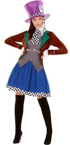 Smiffys Fräulein Hutmacher Kostüm, Mehrfarbig, mit Jacke, angenähter Weste, Rock & Hut