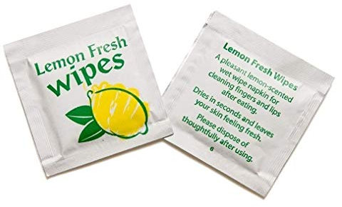 Wet Wipes 100 x Fresh Lemon Scented Handy Wet Wipes Individually Wrapped Antibacterial Tissue Paper Napkin Sachets - Takeaway Travel Friendly Multi Purpose Party Face Camping Food Tissue