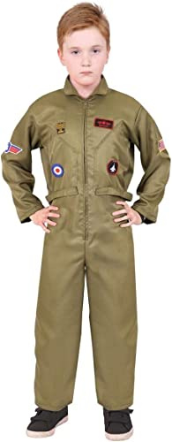Costume de l'armée américaine VE Day pour enfant. Combinaison verte avec badge ailes de vol. Déguisement des années 80 pour garçons et filles. Taille : S