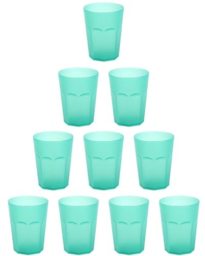 ENGELLAND - 10 x Plastikbecher, Trinkbecher, Hell-Grün, Frostoptik, 400 ml, bruchfest, stapelbar, Mehrweg, Kunststoff, wiederverwendbar, Party-Becher, Trink-Glas