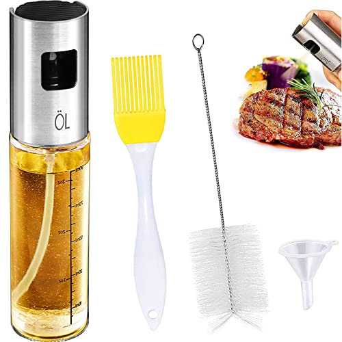 Winfred 100ml Olive Oil Sprayer for Cooking 4 IN 1 Oil Dispenser Mister with Basting Brush,Bottle Brush and oil Funnel, Refillable Oil and Vinegar Dispenser Glass Bottle for BBQ Baking Roasting Frying