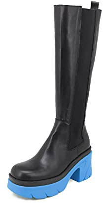 QUEEN HELENA Stivali Alti Biker di Pelle con Tacco Plateau Senza Chiusura Invernali Elasticizzati Casual Comodi Donna KIM88 Blu 37