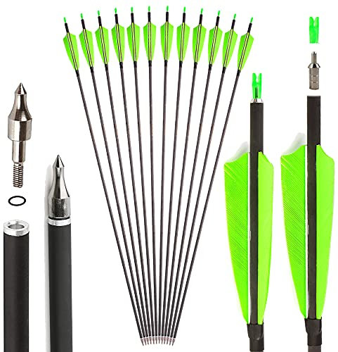 SHARROW 33 Zoll Carbon Pfeile für Bogenschießen Carbonpfeil Spine 400 Jagd Pfeile Carbon Jagdpfeile mit 4 Zoll Natürliche Federn Pfeile für Pfeil Bogen Recurvebogen Compoundbogen Jagd (grün, 12p)