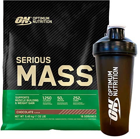 Optimum Nutrition Serious Mass Gainer Whey Protein Powder pour augmenter la masse musculaire avec Creatine Glutamine et Vitamines Chocolat 5.45kg 16 Portions + SHAKER