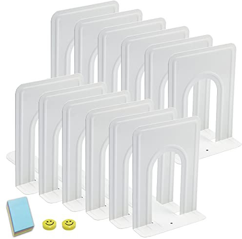 Qualsen Buchstütze, Buchhalter, Buchstützen aus Metall, Bücherstützen, Buchständer Kinder, Bücherständer, Buchregal 6 Paare (12 Stück), Weiß, 17 x 12 x 15 cm