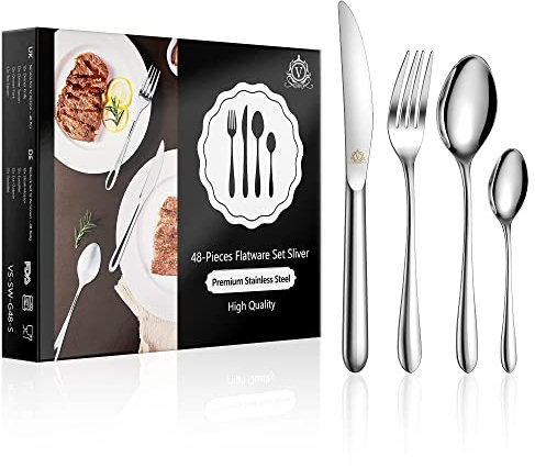 vancasso Service de 48 Couverts, Ménagère pour 12 Personnes, Couverts de Table Acier Inoxydable, Couteau, Fourchette, 2 Cuillères pour la Famille, le Restaurant, Poli Miroir, Bout Rond, Argent