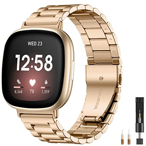 CeMiKa Strap Compatible With Fitbit Versa 3/Sense, Adjustable Stainless Steel Metal Replacement With Double Folding Clasp for Men Women, Rose Gold