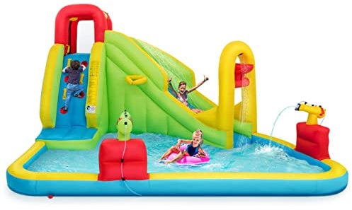 DREAMADE Parco Acquatico per Bambini, Castello Gonfiabile da Gioco in Tessuto Oxford Ispessito, con Scivolo, Parete da Arrampicata e Piscina Divertente, 400x335x230 cm (Senza Ventilatore)