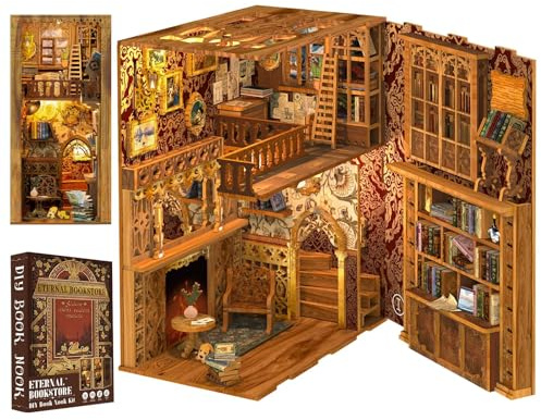 Cutefun Book Nook Kit Library, DIY Miniature Booknook Kit for Adults, 3D Wooden Puzzle Bookend Bookshelf Decor with LED Light & Dust Cover Christmas Crafts Gifts for Book Lovers (Eternal Bookstore)