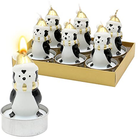 6er Set Teelicht Pinguine mit goldener Mütze, Maße je Teelicht L/B/H: 4 x 4 x 7 cm.