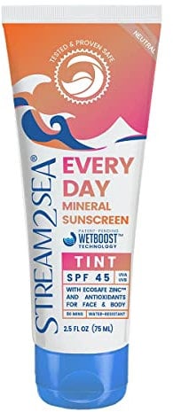 STREAM2SEA SPF 45 Everyday Getönte Mineralische Sonnencreme | Riffschonende Getönte Sonnencreme für das Gesicht | Getönte Feuchtigkeitscreme mit Lichtschutzfaktor für den täglichen Schutz