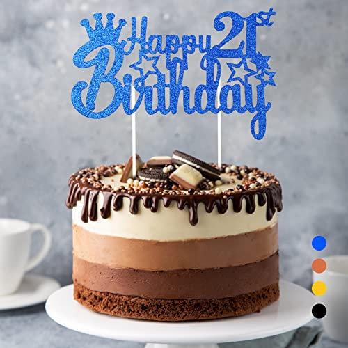 Happy Birthday Tortendeko Geburtstag, Cake Topper Geburtstag, Glitter Cake Topper Happy Birthday, Tortendeko Schwarz, Cupcake Topper für Mädchen Jungen Frauen Mann (Blau - 21. Geburtstag)