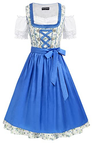 SCARLET DARKNESS Robe traditionnelle Dirndl 3 pièces pour costume folklorique, chemisier, tablier, robe de fête de la bière, Fleurs blanches et bleues, M