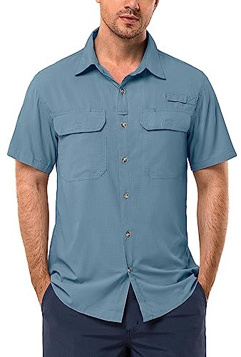 33,000ft Men's UPF 50+ UV Protection Short Sleeved Shirts Quick Dry Button Down Shirts Cooling Hiking Shirt for Travel Safari Fishing Steel Blue M