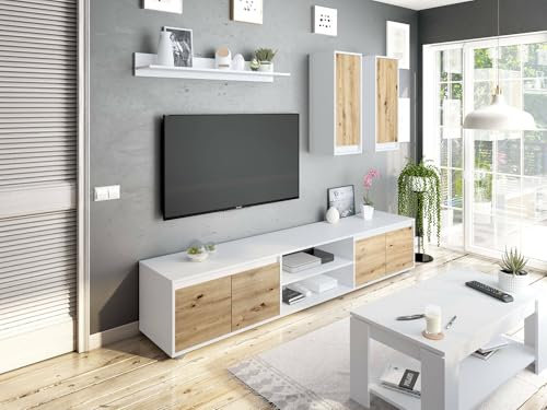 Dmora - Wohnwand Wells, Wohnzimmerset, Mehrzweck-Wohnzimmermöbel, Komposition für modernes Wohnzimmer, 200x40h114 cm, Weiß und Eiche