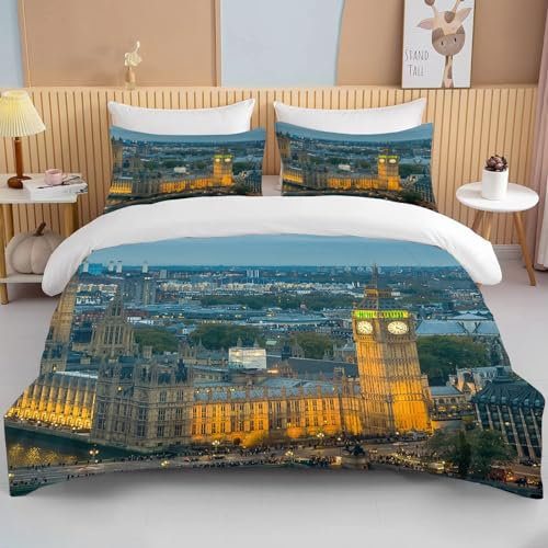 Bettwäsche 155x220cm Londoner Architektur Bettbezug Set 3 Teilig Big Ben, London, Großbritannien Einzelbett Bettbezug 3D Motiv Modern Weiche Microfaser Mit Reißverschluss und 2 Kissenbezug 80x80cm