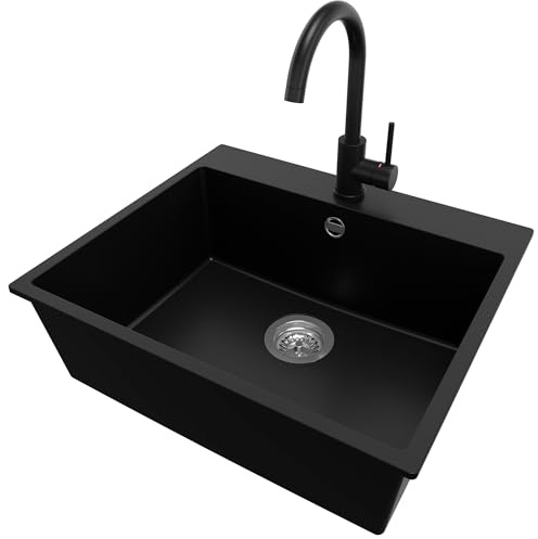 PRIMAGRAN Granitspüle ab 60er Unterschrank + Küchenarmatur, 58x50cm | Set: Küchenarmatur BW5010 + Ablauf-Set (Siphon, Ablaufgarnitur, Überlauf) + Spülbecken 1 Becken - Riga, Schwarz