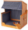 Woodtex Hundestrandkorb Kieferholz |Hundehütte inkl. Schützhülle schwenkbarer Wasser-/Futternapf|Sonnenschutz Hunde und Katzen|Rattan Braun mit Dunkelblau-weißen Nadelstreifen