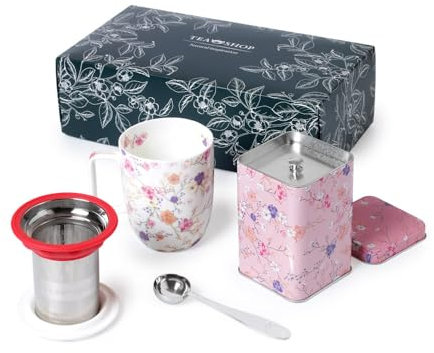 TEA SHOP - Pack Taza de porcelana con Filtro y Tapa + Lata y Cuchara medidora - Set Tea Time Miracle Beauty - Perfecto para Regalo