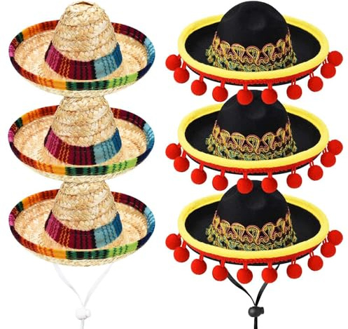 Satiskid Mini Sombrero Mexicano Conjunto de 6 piezas para decoraciones de fiesta de fiesta, sombreros de paja de carnaval del Cinco de Mayo para niños, perros y gatos