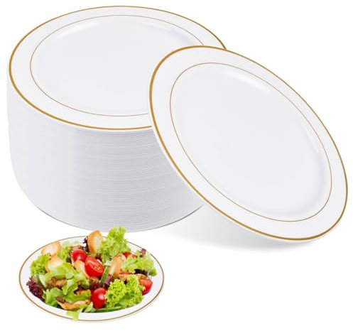 Akamino 40 Pcs Plastic Plates with Gold Rim, 26cm / 10 inch Gold Party Plates Unbreakable Dinner Plate Round Dessert Plate Set for Weeding Picnic BBQ, Parties Catering