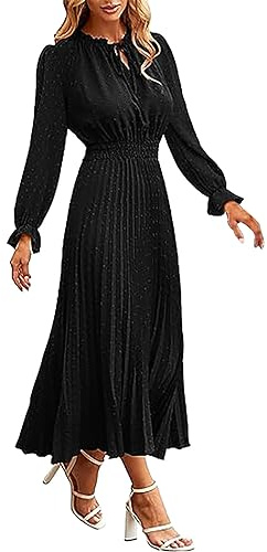 Damen Kleider Sommer, Strandkleider Damen Plissee A-Linien Kleid Elegante Langarm Kleid Damen Strandkleider Funky Kleid Damen Lang Sommerkleid Falten Damenkleider Lounge Swing Kleider