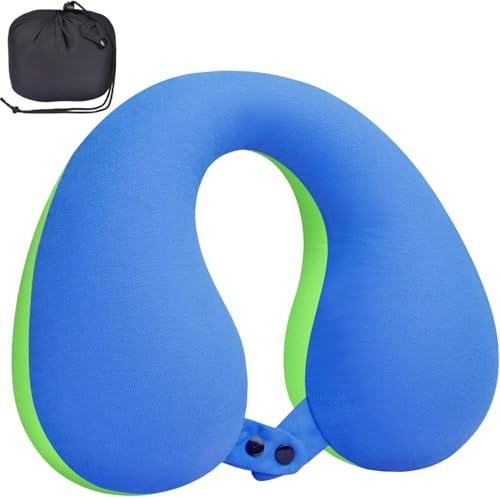 INFANZIA Kids Neck Pillow, Soft Memory Foam Kids Travel Pillow for Neck Chin Support, Portable U Shaped Neck Pillow for Home, Camping, Sleeping, Gifts for Toddler & Children (Blue&Green)