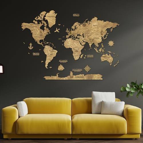 Creatifwood Carte du monde en bois 2D pour décoration murale - Mappemonde en Bois - Art mural - Pour salon, bureau ou chambre (Dark, 100L x 70l cm)